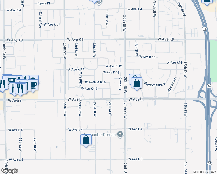 map of restaurants, bars, coffee shops, grocery stores, and more near 42845 21st Street West in Lancaster
