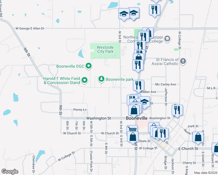 map of restaurants, bars, coffee shops, grocery stores, and more near Harold T White Memorial Drive in Booneville