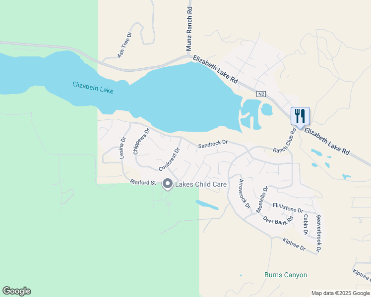map of restaurants, bars, coffee shops, grocery stores, and more near 42915 Algood Drive in Lake Hughes