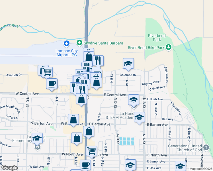 map of restaurants, bars, coffee shops, grocery stores, and more near 312 Crystal Cir in Lompoc