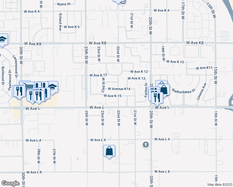 map of restaurants, bars, coffee shops, grocery stores, and more near 2164 West Avenue K14 in Lancaster