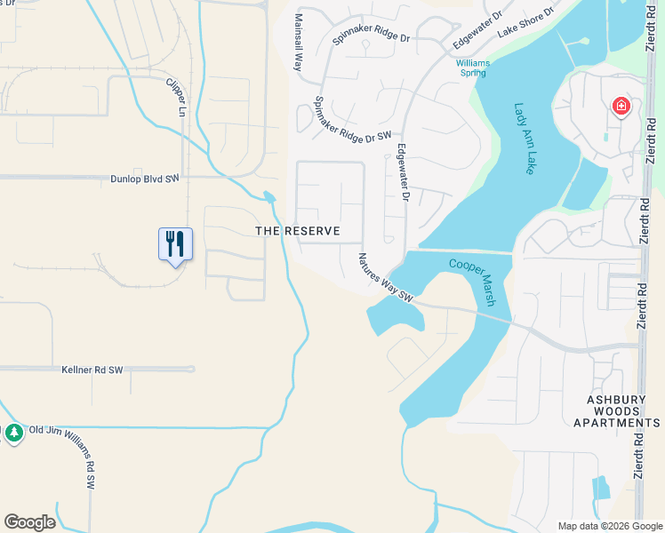 map of restaurants, bars, coffee shops, grocery stores, and more near 105 Brac Circle Southwest in Huntsville