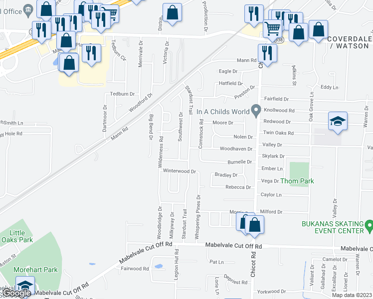 map of restaurants, bars, coffee shops, grocery stores, and more near 9800 Stardust Trail in Little Rock