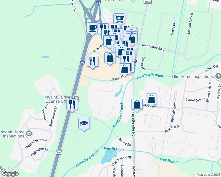 map of restaurants, bars, coffee shops, grocery stores, and more near 4901 Independence Drive in Lumberton
