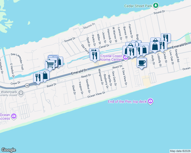 map of restaurants, bars, coffee shops, grocery stores, and more near 121 Shore Rush Drive in Emerald Isle