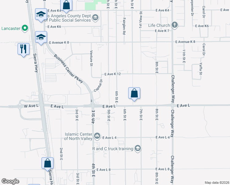 map of restaurants, bars, coffee shops, grocery stores, and more near 42901 6th Street East in Lancaster