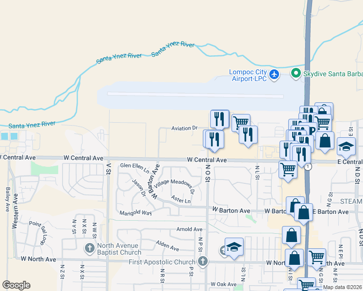 map of restaurants, bars, coffee shops, grocery stores, and more near 1017 Cordoba Avenue in Lompoc