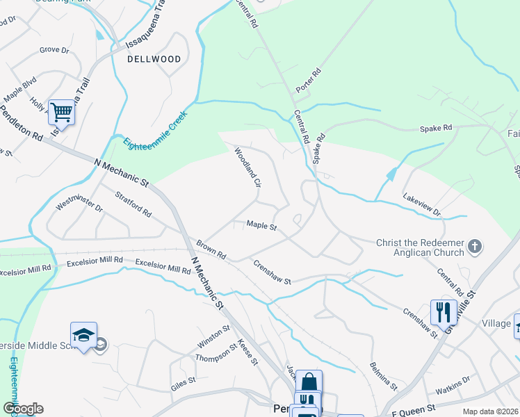 map of restaurants, bars, coffee shops, grocery stores, and more near 111 Poplar Street in Pendleton