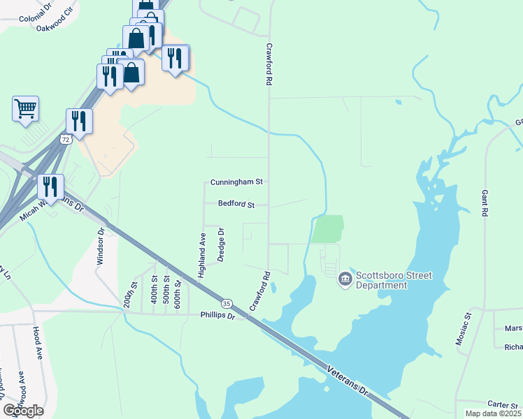 map of restaurants, bars, coffee shops, grocery stores, and more near 387 Crawford Road in Scottsboro