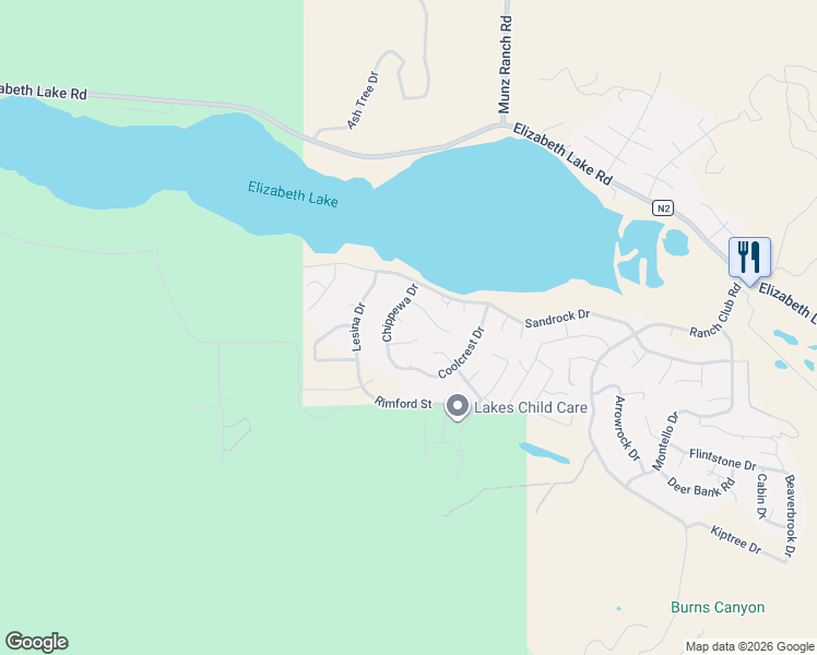map of restaurants, bars, coffee shops, grocery stores, and more near 15152 Ojibwa Place in Lake Hughes
