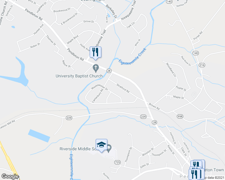 map of restaurants, bars, coffee shops, grocery stores, and more near 601 Westminster Drive in Pendleton