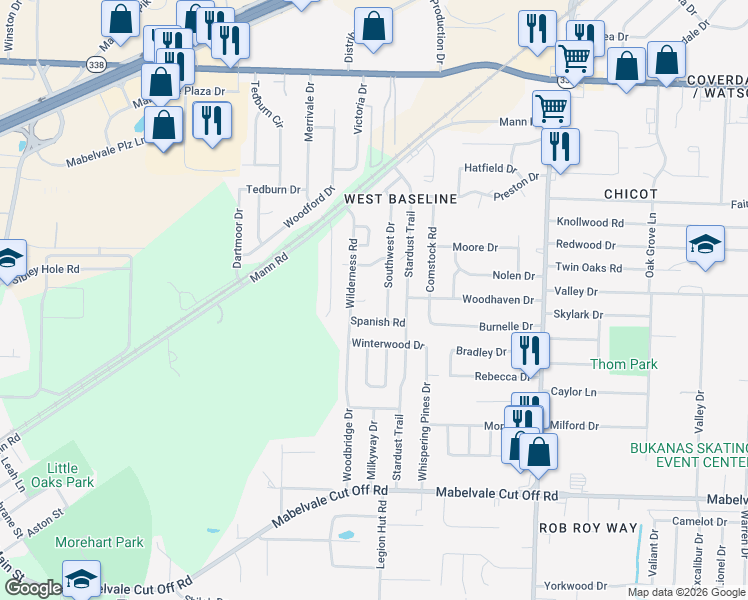 map of restaurants, bars, coffee shops, grocery stores, and more near 6 Wagon Circle in Little Rock