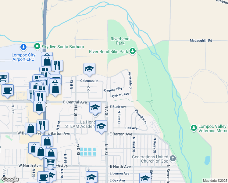 map of restaurants, bars, coffee shops, grocery stores, and more near 812 Cagney Way in Lompoc