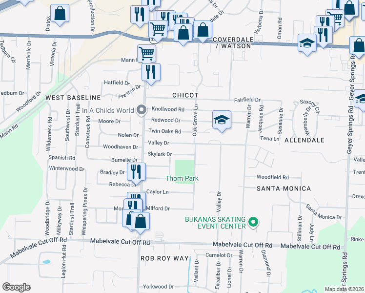 map of restaurants, bars, coffee shops, grocery stores, and more near 7221 Valley Dr in Little Rock