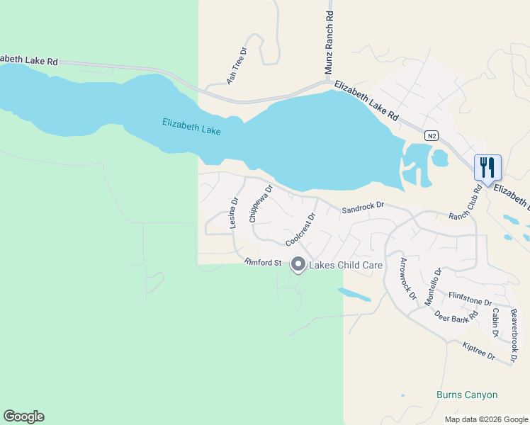 map of restaurants, bars, coffee shops, grocery stores, and more near 15152 Ojibwa Place in Lake Hughes