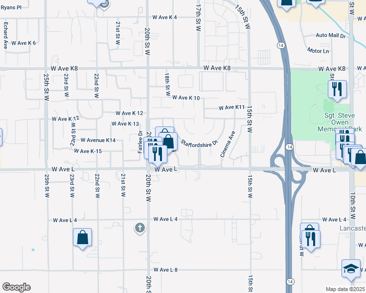 map of restaurants, bars, coffee shops, grocery stores, and more near 42913 Staffordshire Drive in Lancaster