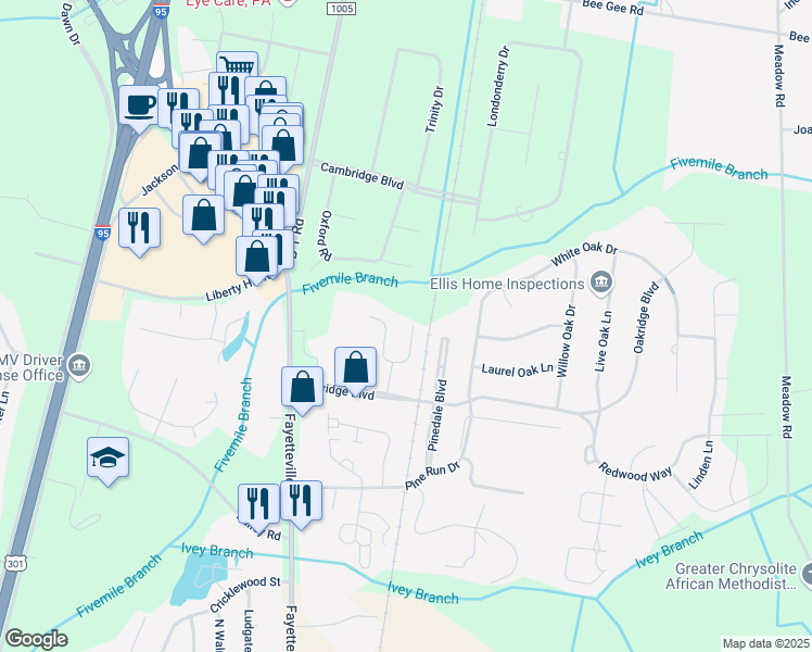 map of restaurants, bars, coffee shops, grocery stores, and more near 114 Village Walk West in Lumberton