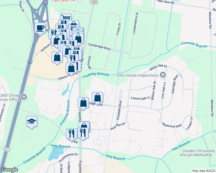 map of restaurants, bars, coffee shops, grocery stores, and more near 114 Village Walk West in Lumberton