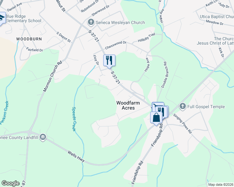 map of restaurants, bars, coffee shops, grocery stores, and more near 216 Elliott Drive in Seneca