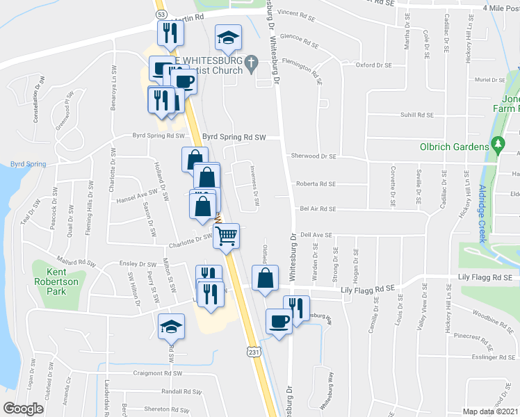 map of restaurants, bars, coffee shops, grocery stores, and more near 252 Inverness Drive Southwest in Huntsville