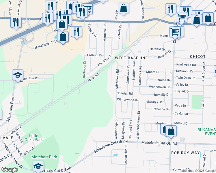 map of restaurants, bars, coffee shops, grocery stores, and more near 9714 Wilderness Road in Little Rock