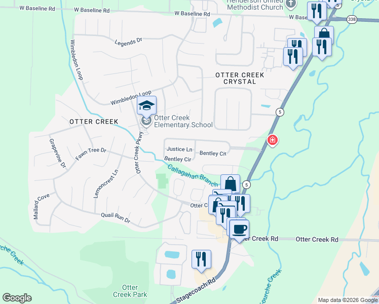 map of restaurants, bars, coffee shops, grocery stores, and more near 3 Justice Lane in Little Rock