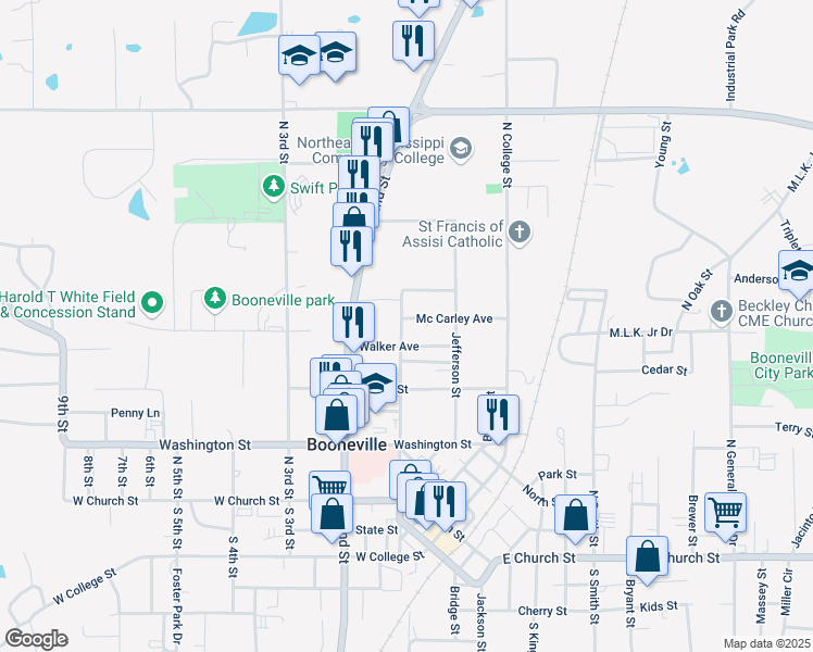 map of restaurants, bars, coffee shops, grocery stores, and more near 500 North 1st Street in Booneville