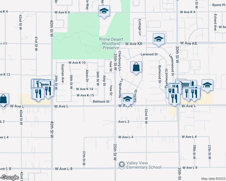 map of restaurants, bars, coffee shops, grocery stores, and more near 42846 Yew Street in Lancaster
