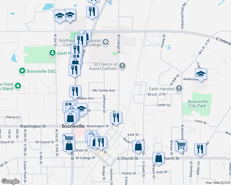 map of restaurants, bars, coffee shops, grocery stores, and more near 201 Mc Carley Avenue in Booneville