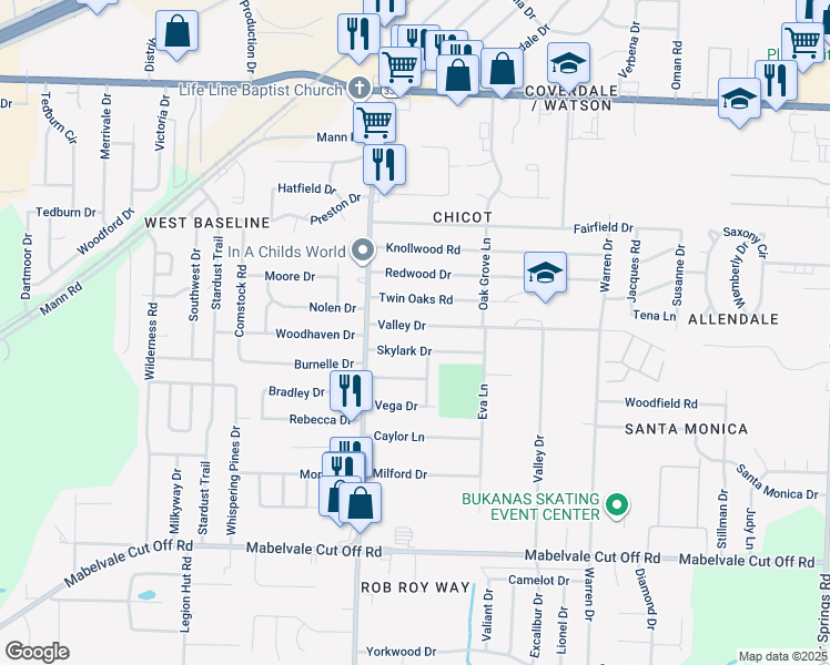 map of restaurants, bars, coffee shops, grocery stores, and more near 7409 Valley Drive in Little Rock