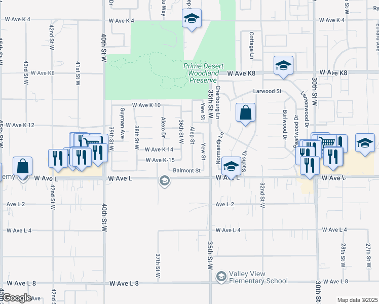 map of restaurants, bars, coffee shops, grocery stores, and more near 42843 Alep Street in Lancaster