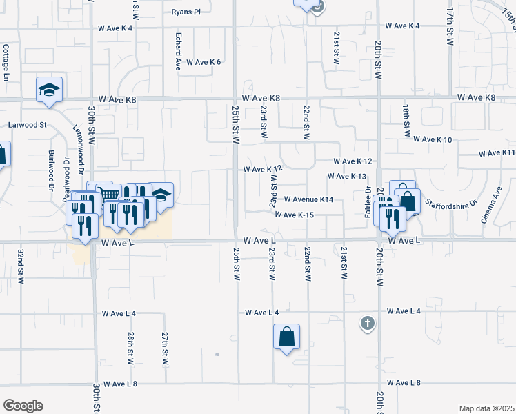 map of restaurants, bars, coffee shops, grocery stores, and more near 2319 West Avenue K-15 in Lancaster