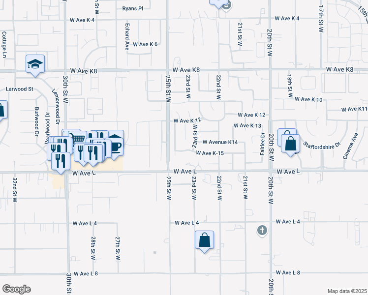 map of restaurants, bars, coffee shops, grocery stores, and more near 2319 West Avenue K-15 in Lancaster