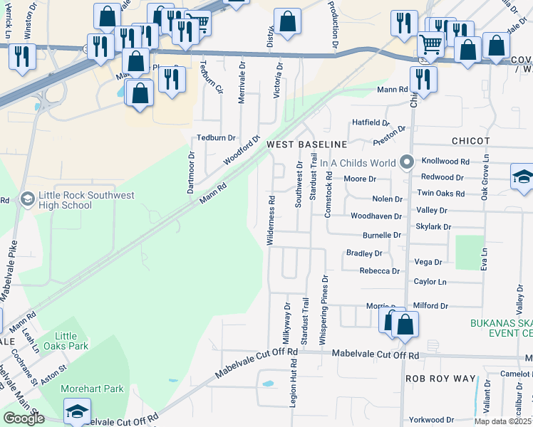 map of restaurants, bars, coffee shops, grocery stores, and more near 9714 Wilderness Road in Little Rock