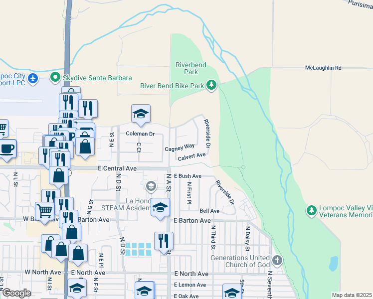 map of restaurants, bars, coffee shops, grocery stores, and more near 820 Cagney Way in Lompoc