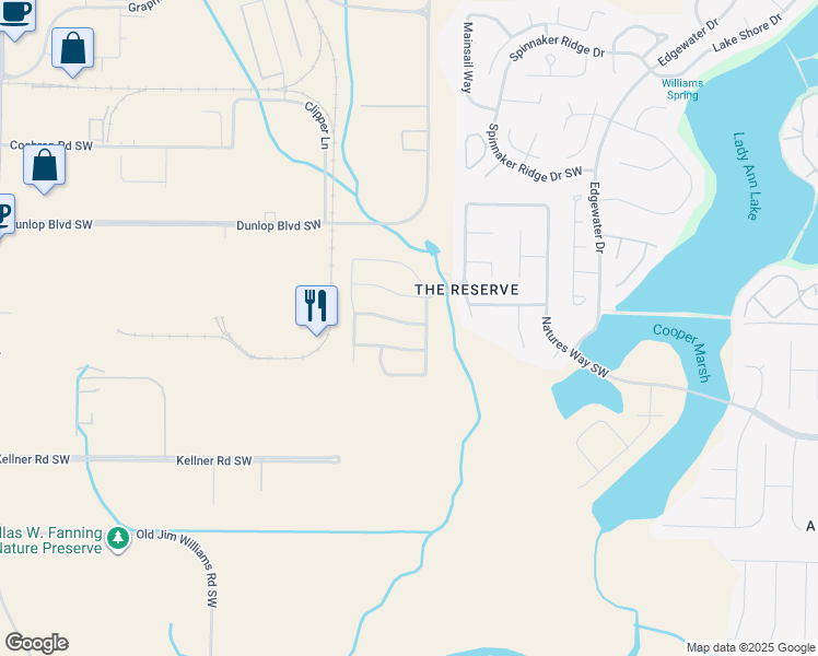 map of restaurants, bars, coffee shops, grocery stores, and more near 303 Southwest Beaver Ridge Trail in Huntsville