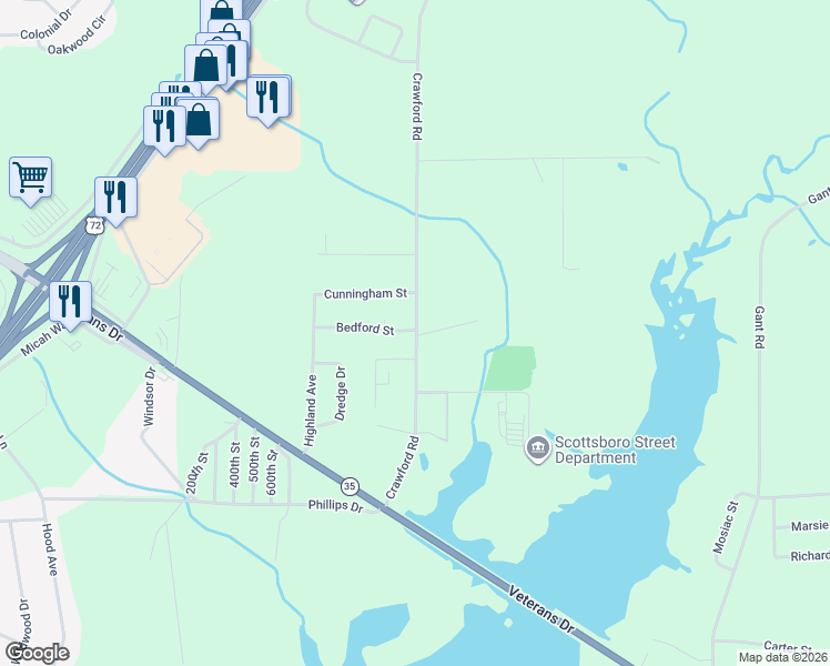 map of restaurants, bars, coffee shops, grocery stores, and more near 387 Crawford Road in Scottsboro