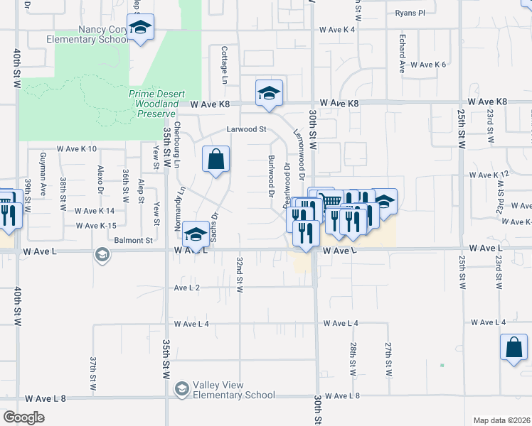 map of restaurants, bars, coffee shops, grocery stores, and more near 3124 Gingerwood Lane in Lancaster