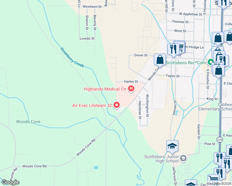 map of restaurants, bars, coffee shops, grocery stores, and more near 508 Gregory Street in Scottsboro