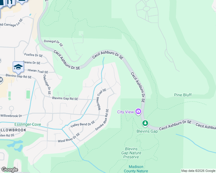 map of restaurants, bars, coffee shops, grocery stores, and more near 1705 Emily Circle Southeast in Huntsville