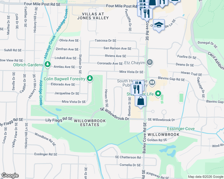 map of restaurants, bars, coffee shops, grocery stores, and more near 7819 Horseshoe Trail Southeast in Huntsville