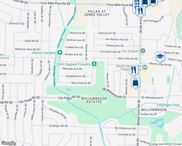 map of restaurants, bars, coffee shops, grocery stores, and more near 7411 Statton Drive Southeast in Huntsville