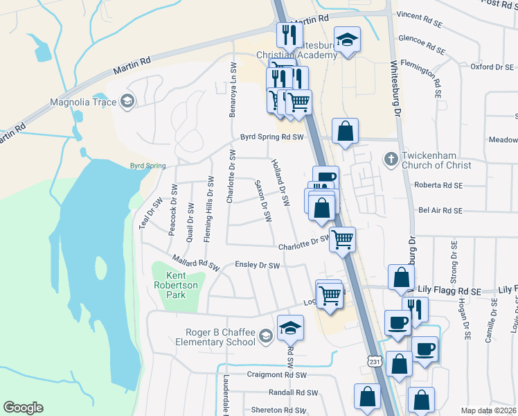 map of restaurants, bars, coffee shops, grocery stores, and more near 7702 Saxon Drive Southwest in Huntsville