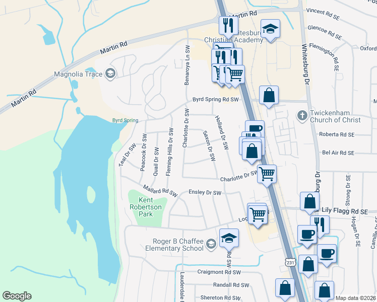 map of restaurants, bars, coffee shops, grocery stores, and more near 2109 Hansel Avenue Southwest in Huntsville