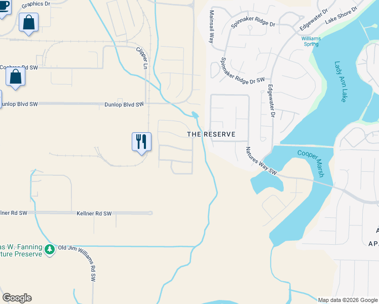 map of restaurants, bars, coffee shops, grocery stores, and more near 303 Southwest Beaver Ridge Trail in Huntsville