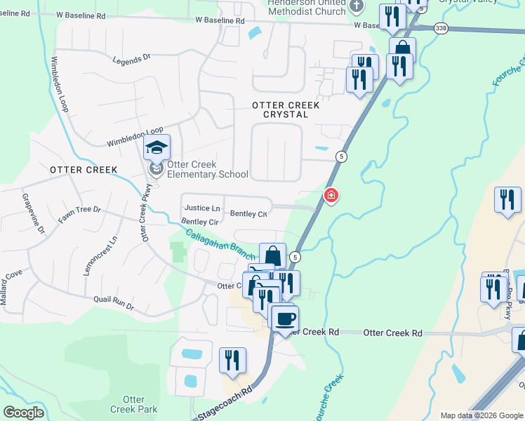 map of restaurants, bars, coffee shops, grocery stores, and more near 133 Bentley Circle in Little Rock