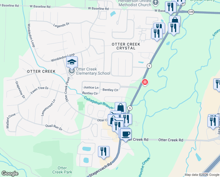 map of restaurants, bars, coffee shops, grocery stores, and more near 115 Bentley Circle in Little Rock