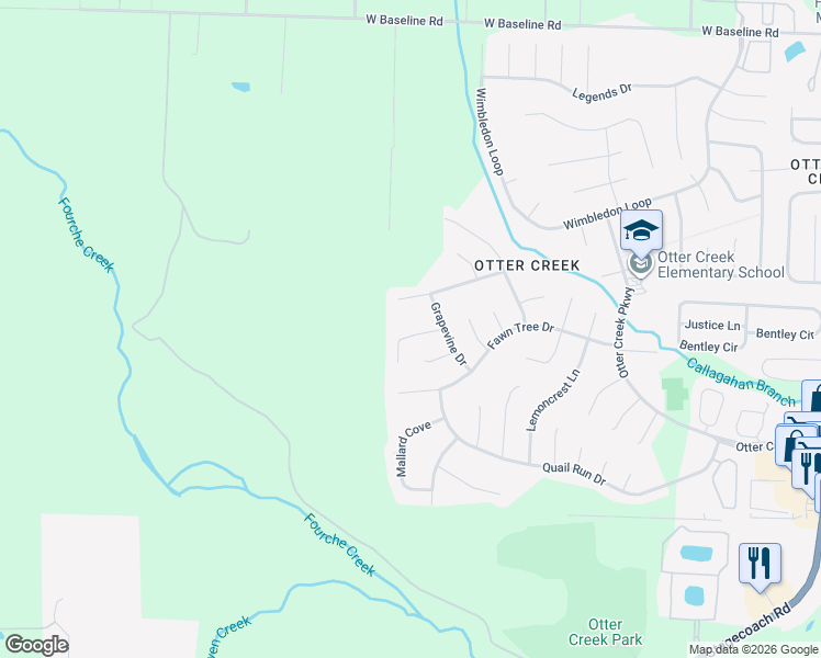 map of restaurants, bars, coffee shops, grocery stores, and more near 4 Fox Run Drive in Little Rock