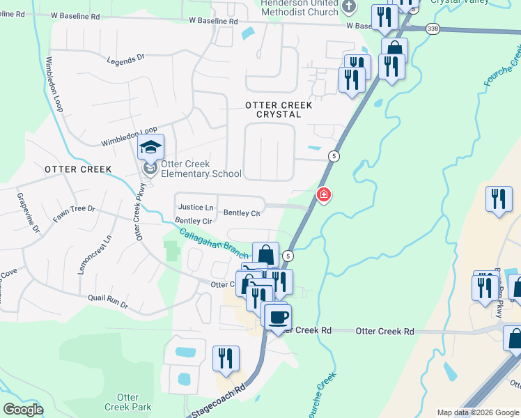 map of restaurants, bars, coffee shops, grocery stores, and more near 133 Bentley Circle in Little Rock