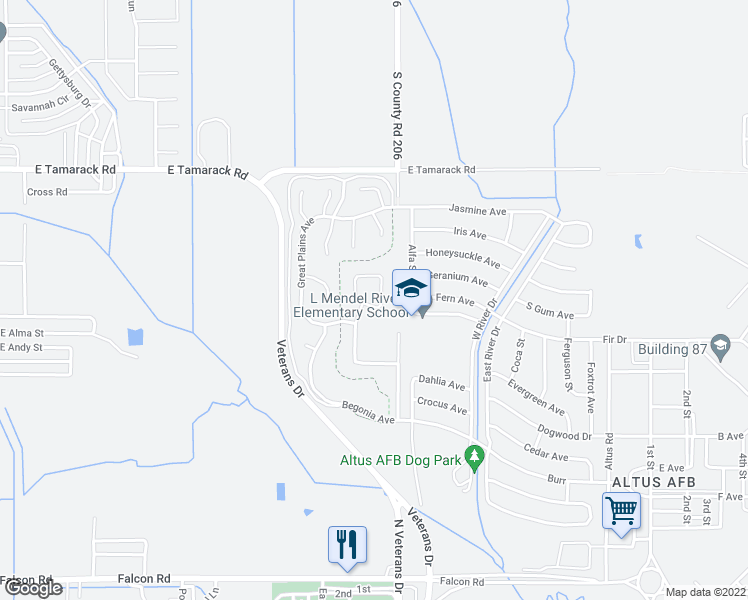 map of restaurants, bars, coffee shops, grocery stores, and more near 878 Liberty Circle East in Altus